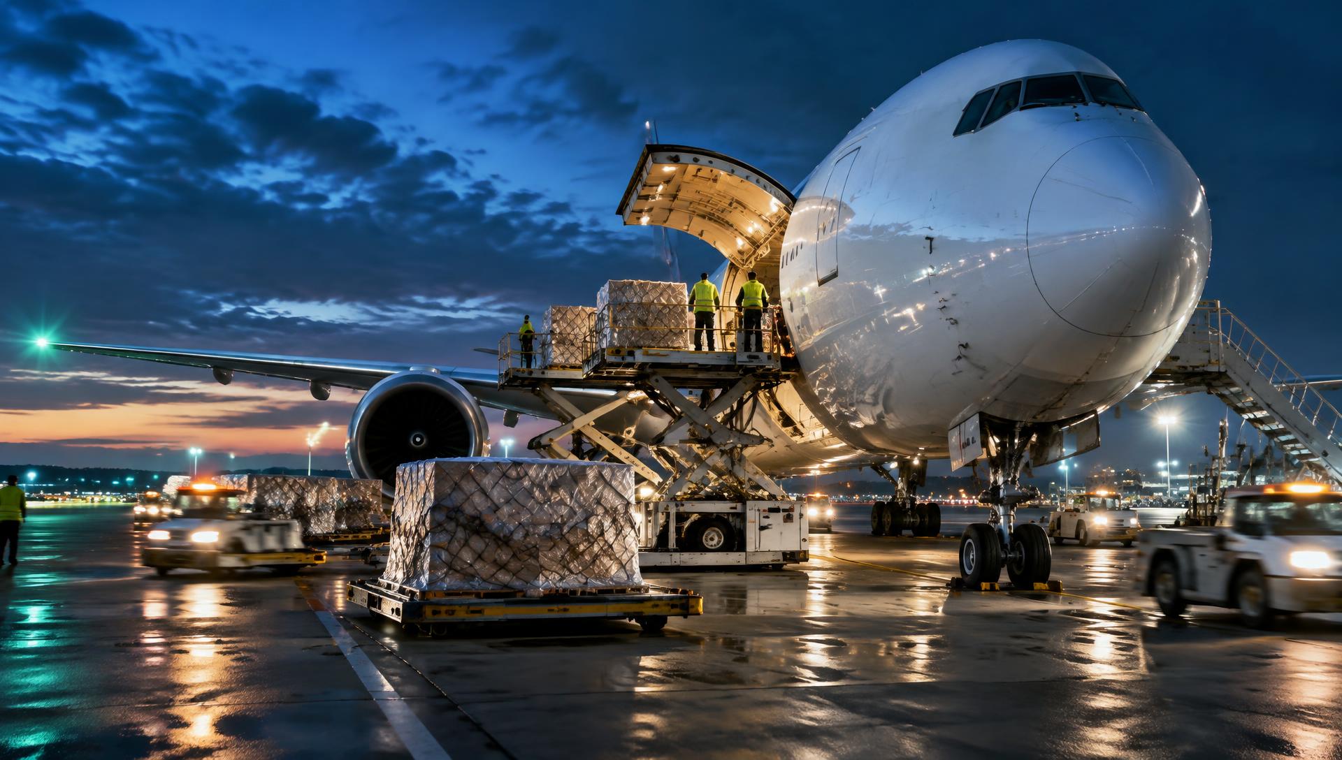 Cargo jet being loaded with freight pallets at blue hour