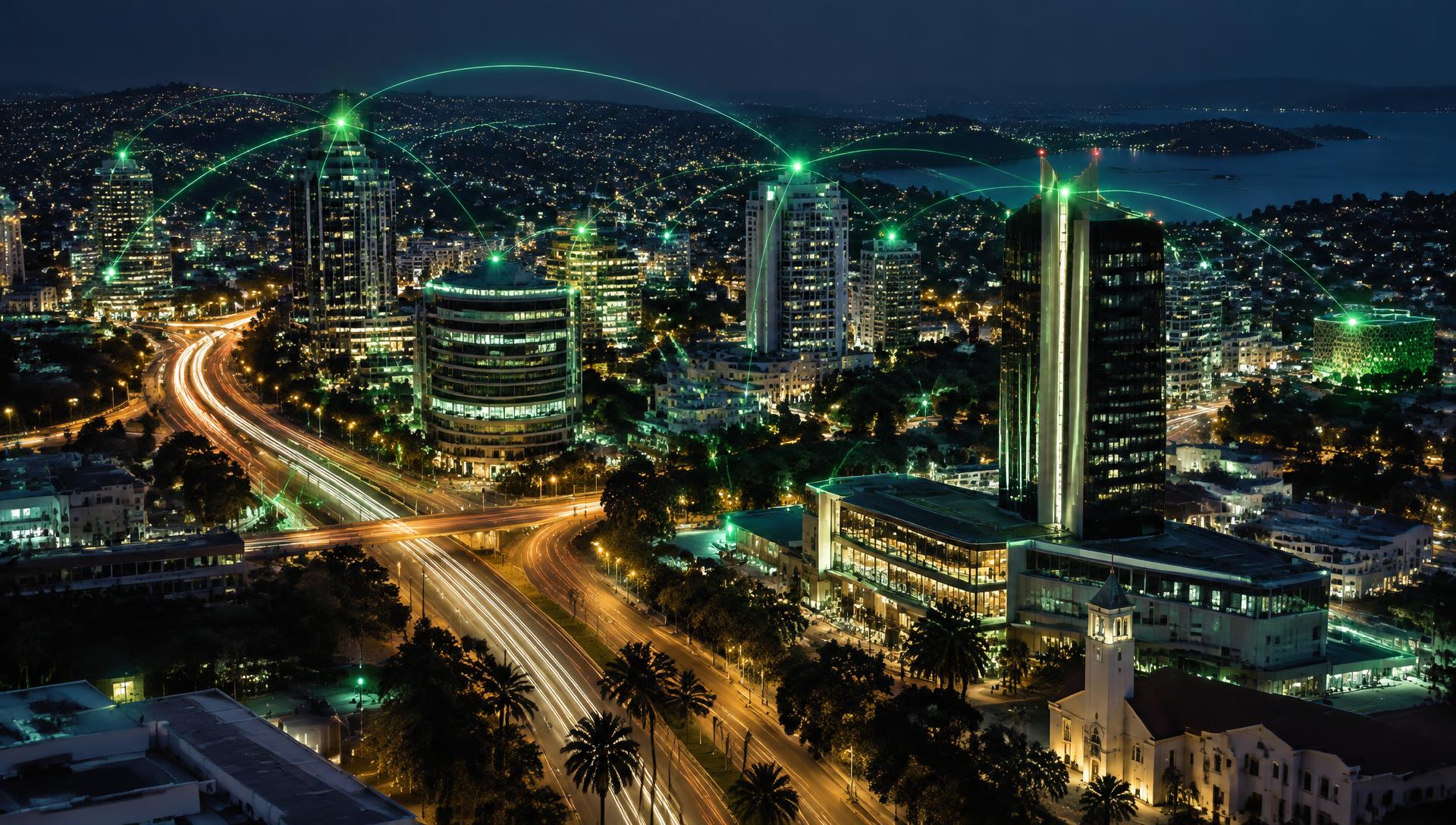 Kampala skyline at night connected by glowing network lines