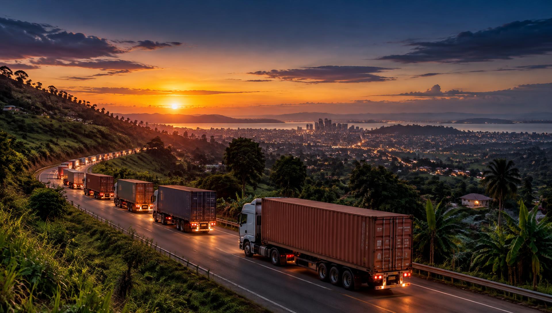 Convoy of container trucks on a highway into Kampala at dusk