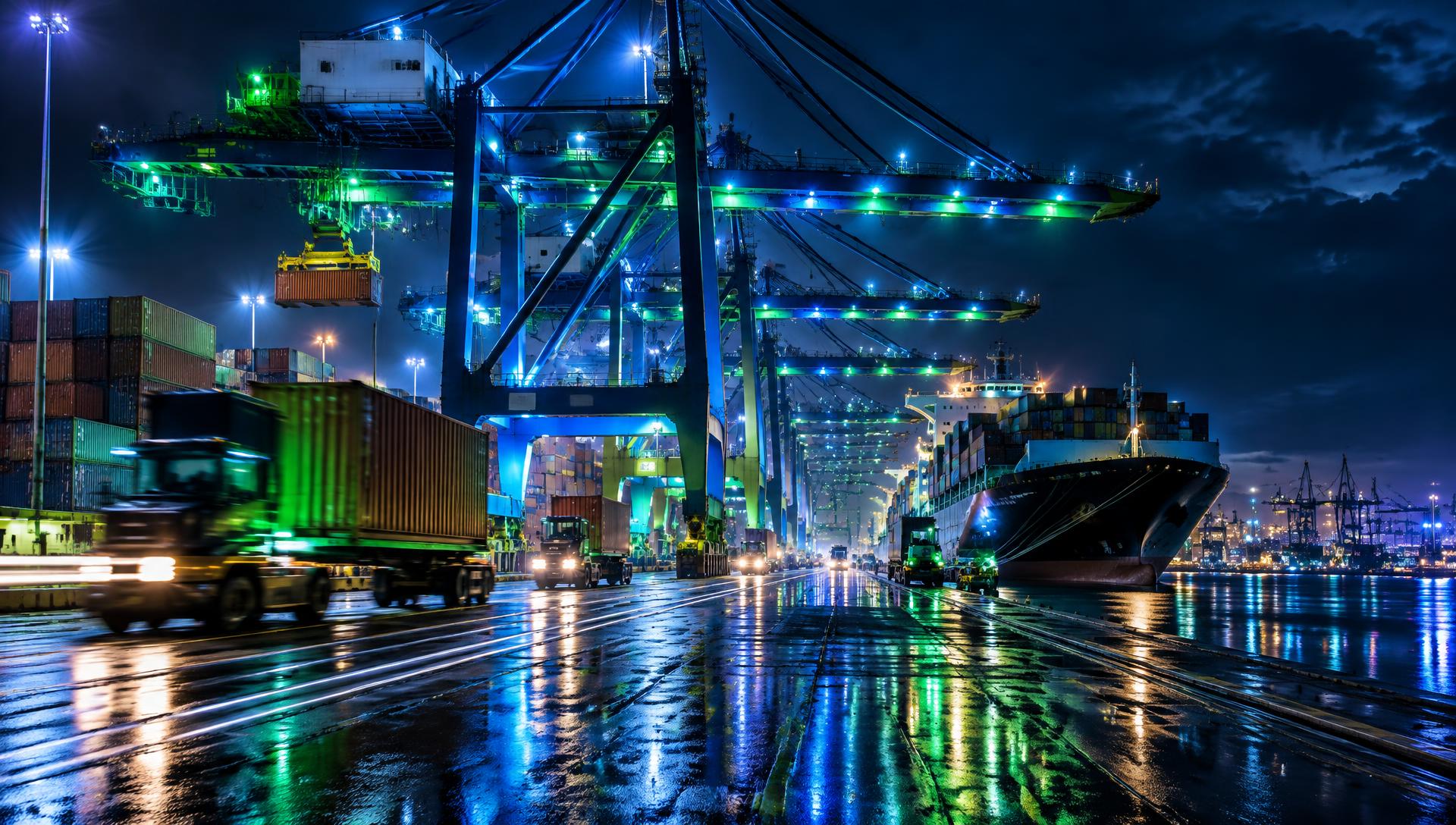 Container port at night with gantry cranes lit in blue and green